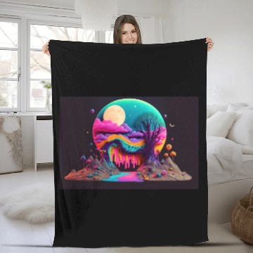 Discover Spooky Full Moon Psychedelic Landscape Paint Drips Fleece Blankets