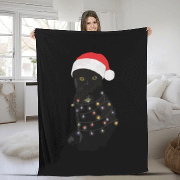 Discover Black Cat Christmas Light Funny Cat Lover Fleece Blankets