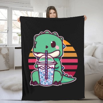 Discover Dinosaur drinks bubble tea Fleece Blankets
