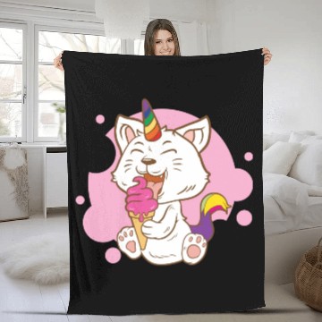 Discover Cat Eating Ice Cream Rainbow Cat Lady Gift Idea Fleece Blankets
