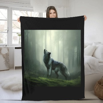 Discover Howling wolf at midnight Fleece Blankets
