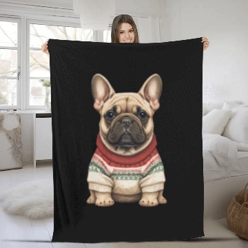 Discover Festive French Bulldog in a Christmas Sweater Fleece Blankets