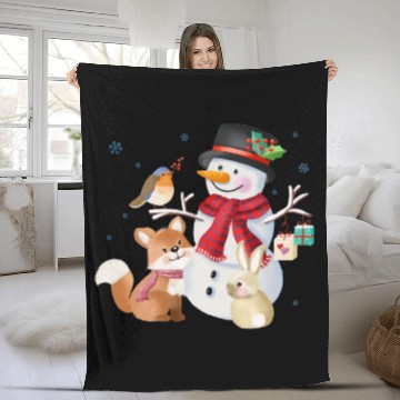 Discover Snowman with fox, rabbit and robin Fleece Blankets