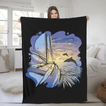 Discover Boat sailing ocean sunset dolphin Boat sailing oce Fleece Blankets