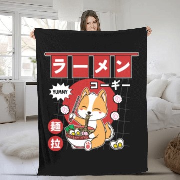 Discover Japanese Corgi Eating Ramen Cute Kawaii Noodles Fleece Blankets