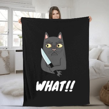 Discover Cat What? Funny Cat Fleece Blankets,Murderous Cat With Knife