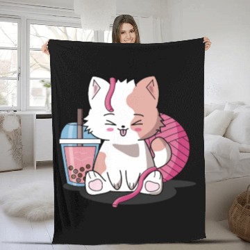Discover Chibi Boba Tea Cat Fleece Blankets