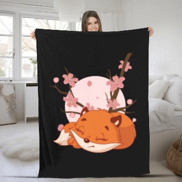 Discover Japanese Fox Cherry blossom Flower sakura kawaii Fleece Blankets