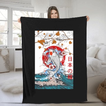 Discover Great Wave off Kanagawa Japanese Blossom Koi Fish Fleece Blankets