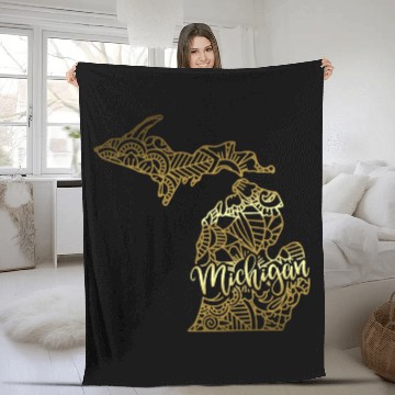 Discover Michigan State Mandala USA America Pretty Gold Fleece Blankets