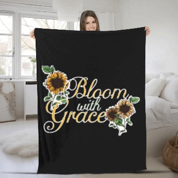 Discover Bloom with Grace Positive Quote Sunflower Gardenin Fleece Blankets