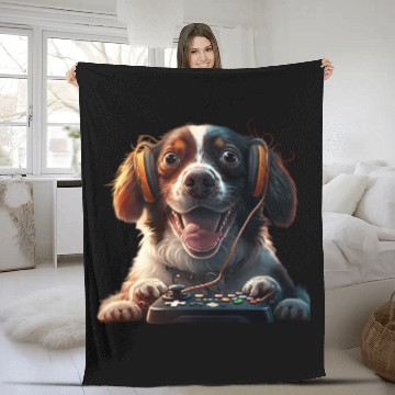 Discover Funny Dog Playing Video Game Fleece Blankets