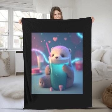Discover Kawaii Otter Pet Otter Drinking Boba Tea Fleece Blankets
