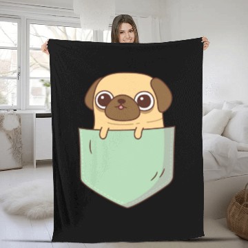 Discover Cute Little Pug In Green Pocket Fleece Blankets