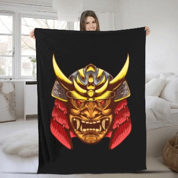 Discover Japanese samurai warrior devil yellow and red mask Fleece Blankets