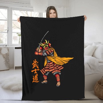 Discover Japanese samurai warrior orange and yellow mask Fleece Blankets
