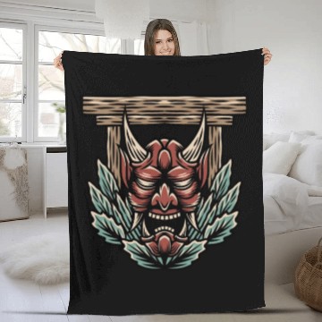Discover Bushido kabuki samurai japan graphic devil green m Fleece Blankets