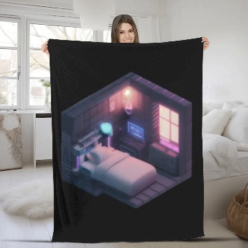 Discover Isometric Voxel Bedroom - Synthwave Future Room Fleece Blankets