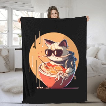 Discover cat eating Chinese food,cute design for Meow lover Fleece Blankets