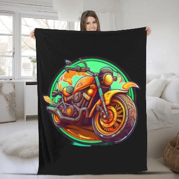 Discover Orange Motorcycle on Green Background Fleece Blankets