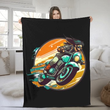 Discover Man Riding Green Motorcycle Fleece Blankets