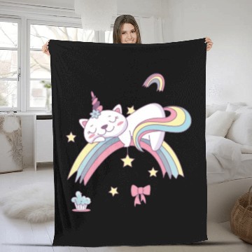 Discover Unicorn Kawaii Cat Cartoon Over Rainbow Fleece Blankets
