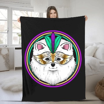 Discover Pomeranian Or Samoyed Dog With Mask For Mardi Gras Fleece Blankets
