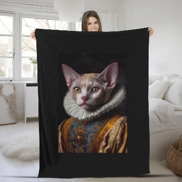 Discover Black Queen Devon Rex Cat Breed Portrait Royal Ren Fleece Blankets