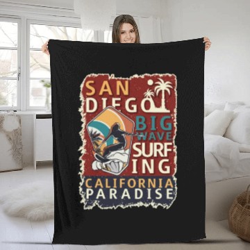Discover San Diego Surfing Big Wave California Surfer Fleece Blankets