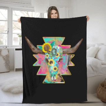 Discover Colorful Floral Bull Skull Fleece Blankets