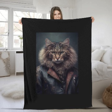 Discover LaPerm Cat Breed Portrait wears a leather jacket Fleece Blankets