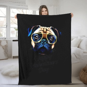 Discover Pug dog eyeglasses happy valentine s day Fleece Blankets