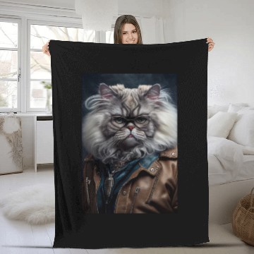 Discover Persian Cat Breed Portrait wears a leather jacket Fleece Blankets