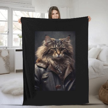 Discover Norwegian Forest Cat Breed wears a leather jacket Fleece Blankets