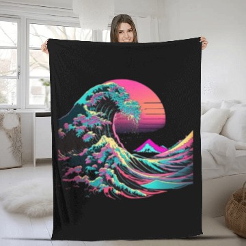 Discover Vaperwave Aesthetic Glitch Great Wave Retrowave Sy Fleece Blankets