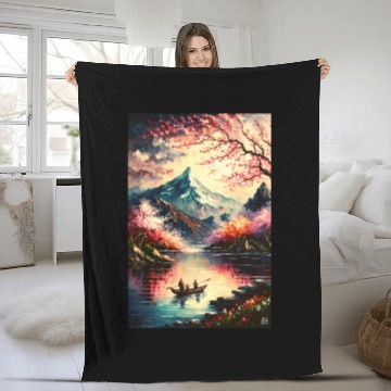 Discover Serenity of the Cherry Blossom River Fleece Blankets