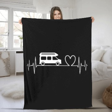 Discover Camper Van camping Ecg heartbeat heart white Fleece Blankets