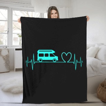 Discover Camper Van camping Ecg heartbeat heart turquoise Fleece Blankets