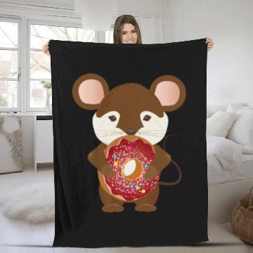 Discover cute brown mouse with delicious donut Fleece Blankets