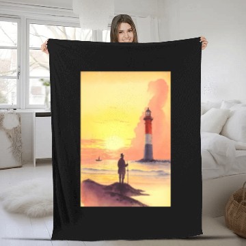 Discover Serene Sunrise Beach Scene with Lighthouse and Fis Fleece Blankets