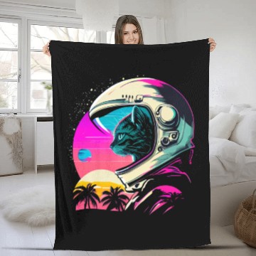Discover Aesthetic Vaporwave Space Cat 80s 90s Astronaut Fleece Blankets