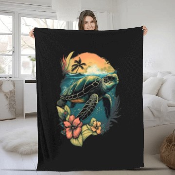 Discover Turtle Hawaiian Sea Turtles Hibiscus Flower Fleece Blankets