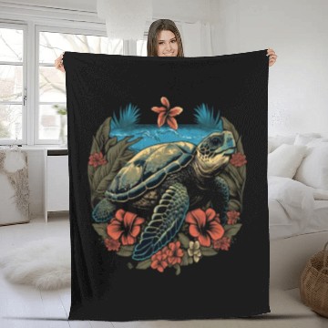 Discover Turtle Hawaiian Sea Turtles Hibiscus Flower Fleece Blankets
