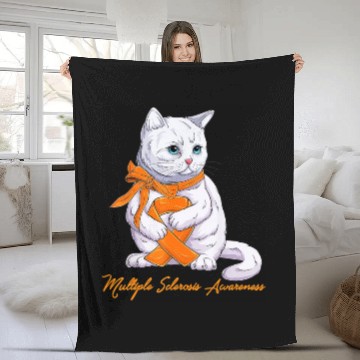 Discover Multiple Sclerosis MS Awareness Cute Cat Wear Oran Fleece Blankets