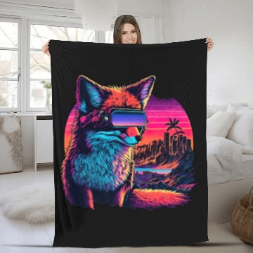 Discover Retro Futuristic Synthwave Fox Fleece Blankets