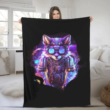 Discover Mecha Wolf with Neon Lights and Hipster Glasses Fleece Blankets