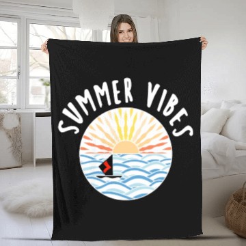Discover illustration sun sea boat summer vibes Fleece Blankets