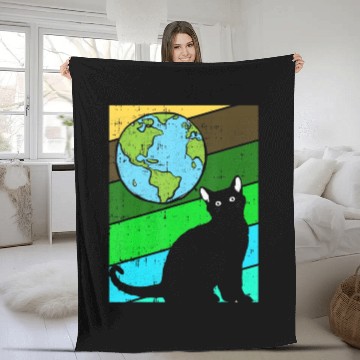 Discover Black Cat Earth Day Retro Kitten Lover Environment Fleece Blankets