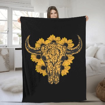 Discover Bull Skull Sunflower Fleece Blankets