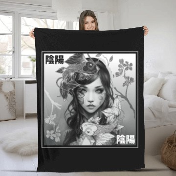 Discover Yin Yang Koi Fish Gothic Emo Japanese Cherry Bloss Fleece Blankets